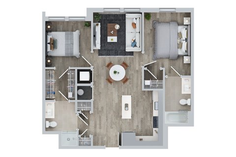 Floor plan for 2 beds, 2 baths, 881 sqft